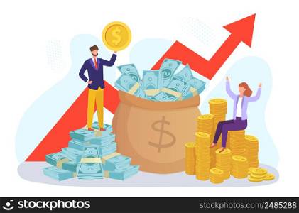 Profit money increase, happy and successful businessman. Vector businessman profit from investment, happy and success income, increase growth finance illustration. Profit money increase, happy and successful businessman