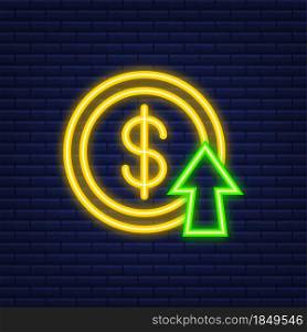 Profit money or budget. Cash and rising graph arrow up, concept of business success. Neon style. Vector illustration. Profit money or budget. Cash and rising graph arrow up, concept of business success. Neon style. Vector illustration.