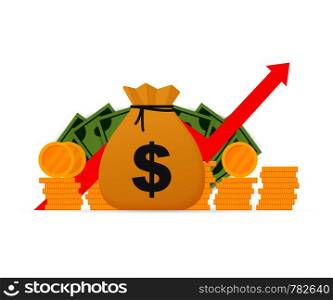 Profit money or budget. Cash and rising graph arrow up, concept of business success. Capital earnings, benefit. Vector stock illustration.