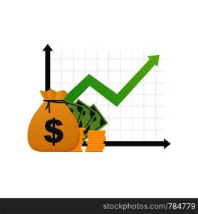Profit money or budget. Cash and rising graph arrow up, concept of business success. Capital earnings, benefit. Vector stock illustration.