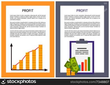 Profit statistics colorful vector illustration successful growth diagram arrows and golden coins piles, strategy document with analytics text. Profit Statistics Colorful Vector Illustration
