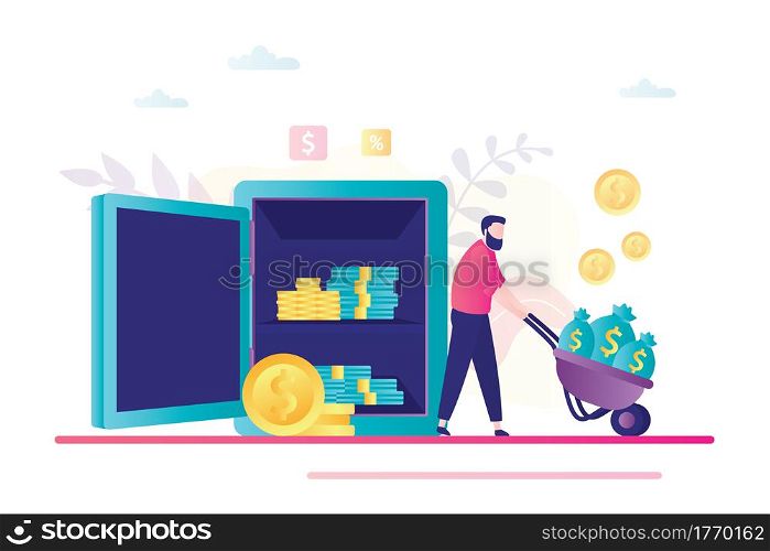 Profitable bank deposit, rich male character increase your capital. Businessman pushing cart with money from open steel strongbox.Business person got loan. Banking service concept. Vector illustration. Profitable bank deposit, rich male character increase your capital. Businessman pushing cart with money from open steel strongbox