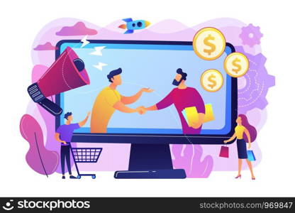 Profitable partnership, business partners cowork. Affiliate marketing, cost effective marketing solution, affiliate marketing management concept. Bright vibrant violet vector isolated illustration. Affiliate marketing concept vector illustration.