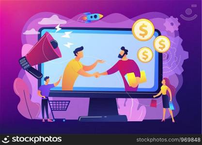 Profitable partnership, business partners cowork. Affiliate marketing, cost effective marketing solution, affiliate marketing management concept. Bright vibrant violet vector isolated illustration. Affiliate marketing concept vector illustration.