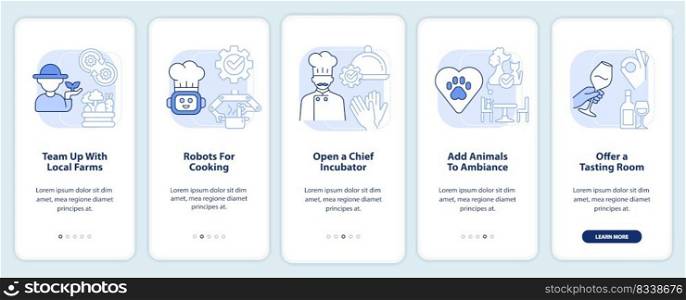 Profitable restaurant ideas light blue onboarding mobile app screen. Walkthrough 5 steps editable graphic instructions with linear concepts. UI, UX, GUI template. Myriad Pro-Bold, Regular fonts used. Profitable restaurant ideas light blue onboarding mobile app screen