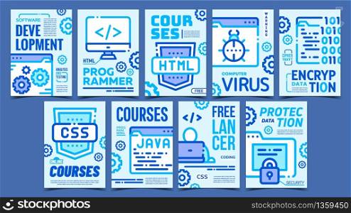 Program Coding Advertising Posters Set Vector. Html, Css And Java Courses, Freelancer Coding And Development Collection Of Different Promotional Banners. Concept Mockup Stylish Colorful Illustrations. Program Coding Advertising Posters Set Vector