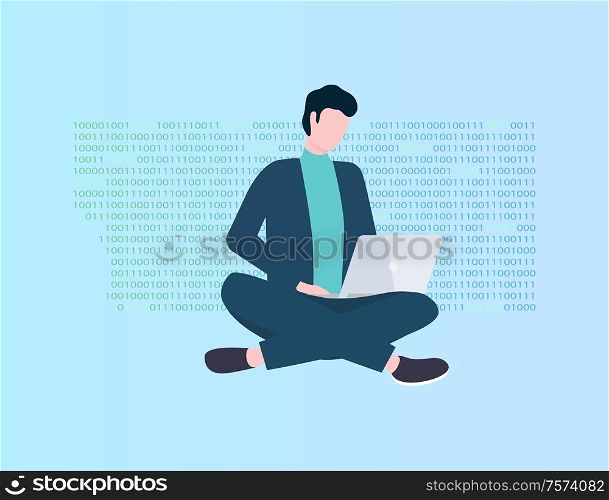 Program coding, man with laptop vector, programmer or IT specialist. Modern technologies, application development, guy in office suit with computer. Program Coding, Man with Laptop, Programmer
