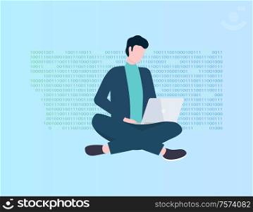 Program coding, man with laptop vector, programmer or IT specialist. Modern technologies, application development, guy in office suit with computer. Program Coding, Man with Laptop, Programmer
