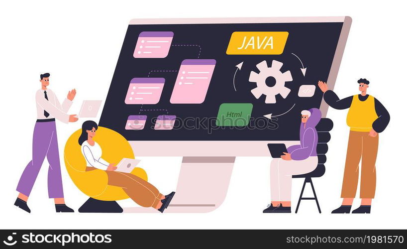 Program development, software engineering and game design concept. Javascript programmers and script writers vector flat illustration. Software development project team. System application desktop. Program development, software engineering and game design concept. Javascript programmers and script writers vector flat illustration. Software development project team