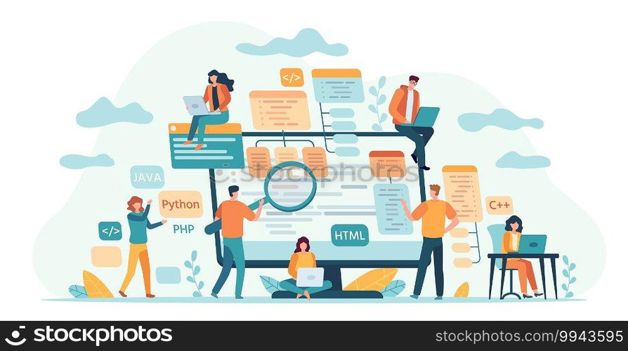 Program development team. Web or software developers, programmer and coding engineer work in group. IT-specialists write code vector concept. Illustration programming development team. Program development team. Web or software developers, programmer and coding engineer work in group. IT-specialists write code vector concept
