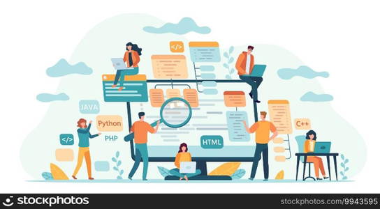 Program development team. Web or software developers, programmer and coding engineer work in group. IT-specialists write code vector concept. Illustration programming development team. Program development team. Web or software developers, programmer and coding engineer work in group. IT-specialists write code vector concept