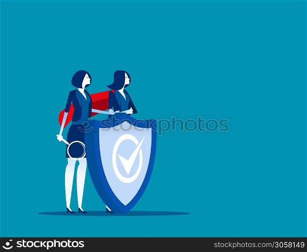 Program team and shield covering from attacks. Concept business vector illustration, Protection, Insurance, Technology.