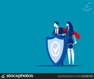 Program team and shield covering from attacks. Concept business vector illustration, Protection, Insurance, Technology.
