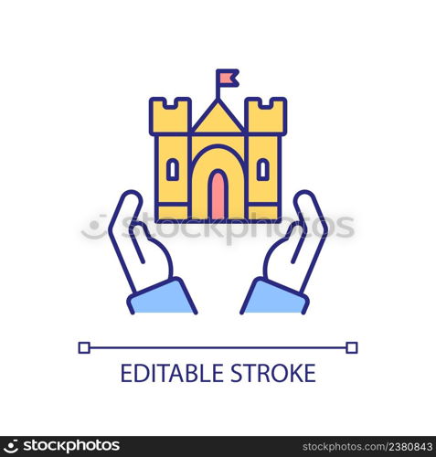 Program to save old architecture RGB color icon. Cultural heritage reservation. Care of ancient buildings. Isolated vector illustration. Simple filled line drawing. Editable stroke. Arial font used. Program to save old architecture RGB color icon