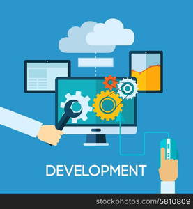 Programm development concept with flat human hand and computer icons vector illustration. Programm Development Flat Illustration