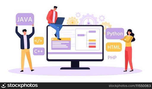 Programmer and designer developing website. Software developer writing python, java, html code. Man working on laptop, colleagues helping. Male and female characters teamwork, creating website vector. Programmer and designer developing website. Software developer writing python, java, html code. Man working on laptop