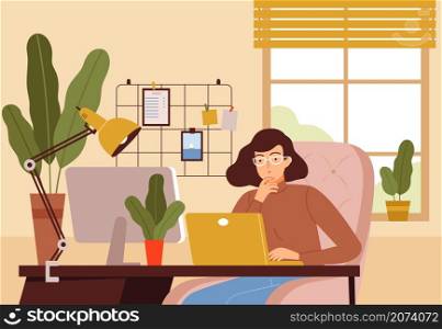 Programmer at home. Professional hacker freelancer student manager working in office nowaday vector background. Illustration computer developer, freelancer professional designer. Programmer at home. Professional hacker freelancer student manager working in office nowaday vector background