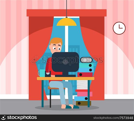 Programmer at home working on computer vector. Home interior with curtains and window view on city, lamp and clock. Business promotion, male student. Freelancer Man, Coder Working on Computer at Home