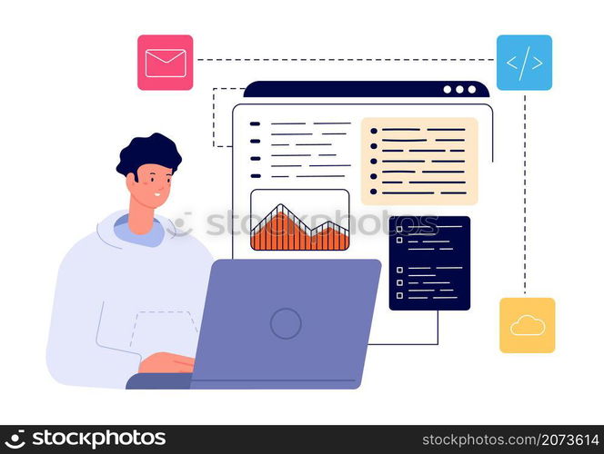 Programmer at work. Design with computer, overworked developer testing programme. Executive businessman, internet app engineering utter vector concept. Programmer overworked and programming developer. Programmer at work. Design with computer, overworked developer testing programme. Executive businessman, internet app engineering utter vector concept