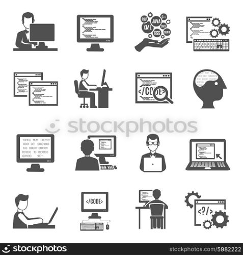 Programmer black icons set with computer technologies symbols isolated vector illustration. Programmer Icons Set