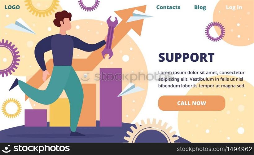 Programmer Client Help Horizontal Banner. Professional Operator of Technical Support Service for Computers Holding Wrench in Hands Working on Fixing Bugs in Software. Cartoon Flat Vector Illustration,. Operator of Technical Support Service Hold Wrench