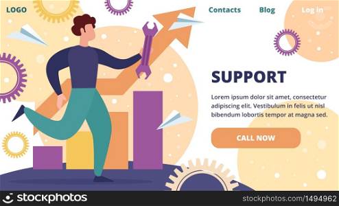 Programmer Client Help Horizontal Banner. Professional Operator of Technical Support Service for Computers Holding Wrench in Hands Working on Fixing Bugs in Software. Cartoon Flat Vector Illustration,. Operator of Technical Support Service Hold Wrench