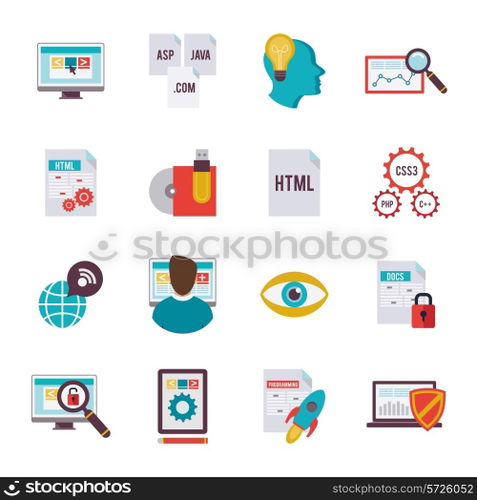 Programmer coding algorithm software development icon flat set isolated vector illustration
