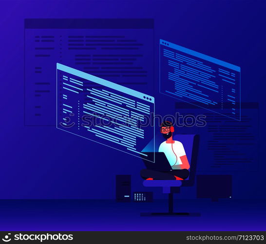 Programmer coding. Young man freelancer working on program code with laptop. Geek coding software vector concept. Illustration of man developer with laptop. Programmer coding. Young man freelancer working on program code with laptop. Geek coding software vector concept