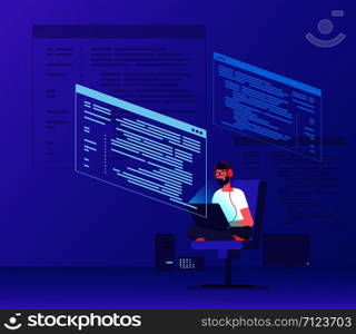 Programmer coding. Young man freelancer working on program code with laptop. Geek coding software vector concept. Illustration of man developer with laptop. Programmer coding. Young man freelancer working on program code with laptop. Geek coding software vector concept