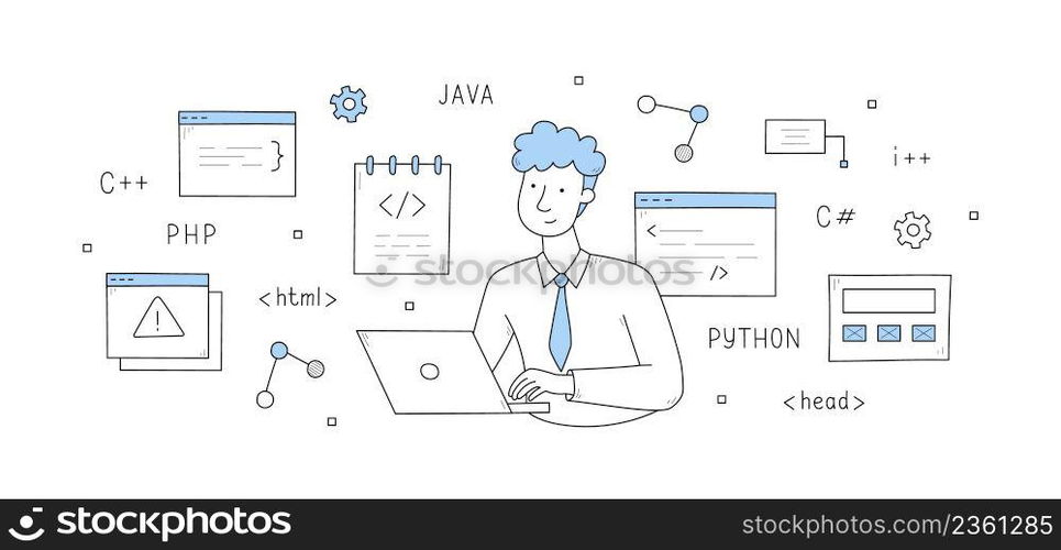 Programmer develop code doodle concept. Man with laptop testing program and software for computer or mobile phone. Developer work with java, html, php, python, scripts, Line art vector illustration. Programmer develop code doodle concept, developer