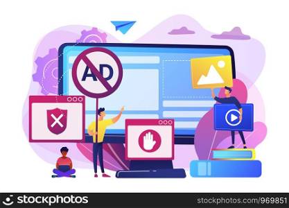 Programmer developing anti virus program. Banned Internet content. Ad blocking software, removing online advertising, ad filtering tools concept. Bright vibrant violet vector isolated illustration. Ad blocking software concept vector illustration.