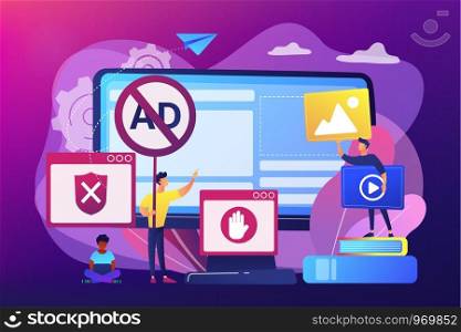 Programmer developing anti virus program. Banned Internet content. Ad blocking software, removing online advertising, ad filtering tools concept. Bright vibrant violet vector isolated illustration. Ad blocking software concept vector illustration.