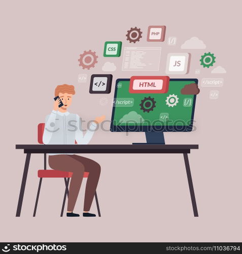 Programmer doing programming languages design and program code on screen, talking on phone. Software, web development. Technology process of information script. Business information coding for website. Programmer doing programming languages design and program code on screen, talking on phone