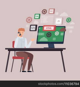 Programmer doing programming languages design and program code on screen, talking on phone. Software, web development. Technology process of information script. Business information coding for website. Programmer doing programming languages design and program code on screen, talking on phone