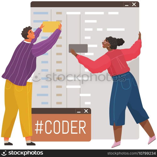 Programmer engineering and coding. Coder programmers working on web development on computer. Concept of script coding and programming in php, javascript, python, other languages. Software developers. Programmer engineering and coding. Set of programmers working on web development on computers