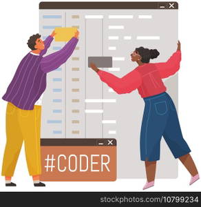 Programmer engineering and coding. Coder programmers working on web development on computer. Concept of script coding and programming in php, javascript, python, other languages. Software developers. Programmer engineering and coding. Set of programmers working on web development on computers