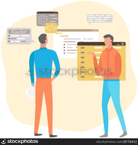 Programmer engineering and coding. Coder programmers working on web development on computer. Concept of script coding and programming in php, javascript, python, other languages. Software developers. Programmer engineering and coding. Set of programmers working on web development on computers