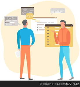 Programmer engineering and coding. Coder programmers working on web development on computer. Concept of script coding and programming in php, javascript, python, other languages. Software developers. Programmer engineering and coding. Set of programmers working on web development on computers