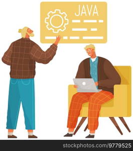 Programmer engineering and coding. Coder programmers working on web development on computer. Concept of script coding and programming in php, javascript, python, other languages. Software developers. Programmer engineering and coding. Set of programmers working on web development on computers