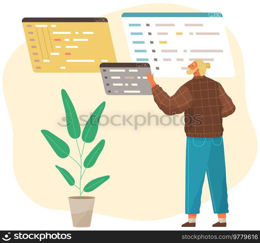 Programmer engineering and coding. Coder programmers working on web development on computer. Concept of script coding and programming in php, javascript, python, other languages. Software developers. Programmer engineering and coding. Set of programmers working on web development on computers