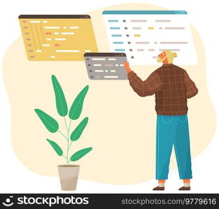 Programmer engineering and coding. Coder programmers working on web development on computer. Concept of script coding and programming in php, javascript, python, other languages. Software developers. Programmer engineering and coding. Set of programmers working on web development on computers