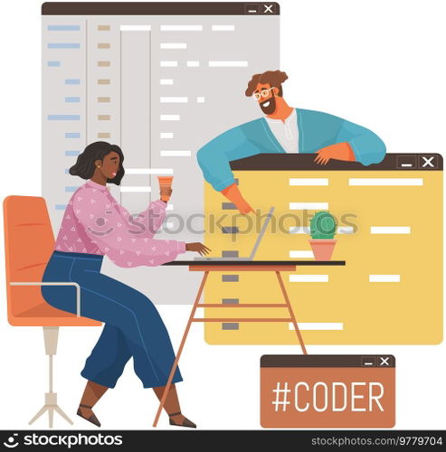 Programmer engineering and coding. Coder programmers working on web development on computer. Concept of script coding and programming in php, javascript, python, other languages. Software developers. Programmer engineering and coding. Set of programmers working on web development on computers