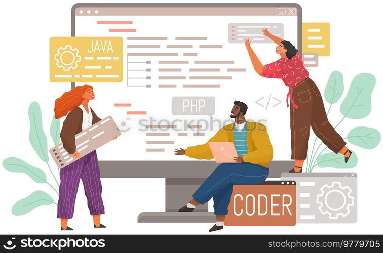 Programmer engineering and coding. Coder programmers working on web development on computer. Concept of script coding and programming in php, javascript, python, other languages. Software developers. Programmer engineering and coding. Set of programmers working on web development on computers
