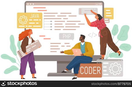 Programmer engineering and coding. Coder programmers working on web development on computer. Concept of script coding and programming in php, javascript, python, other languages. Software developers. Programmer engineering and coding. Set of programmers working on web development on computers