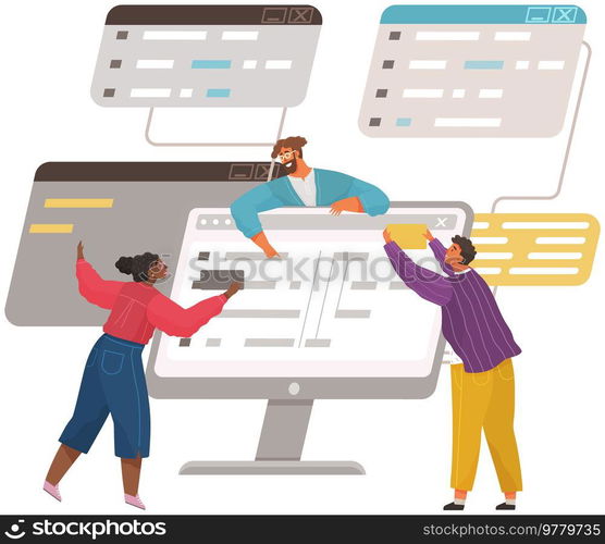 Programmer engineering and coding. Coder programmers working on web development on computer. Concept of script coding and programming in php, javascript, python, other languages. Software developers. Programmer engineering and coding. Set of programmers working on web development on computers