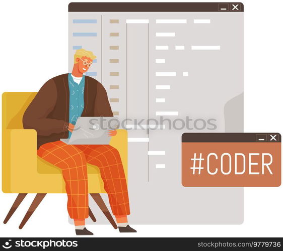 Programmer engineering and coding. Coder programmers working on web development on computer. Concept of script coding and programming in php, javascript, python, other languages. Software developers. Programmer engineering and coding. Set of programmers working on web development on computers