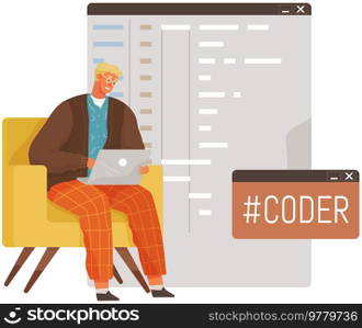 Programmer engineering and coding. Coder programmers working on web development on computer. Concept of script coding and programming in php, javascript, python, other languages. Software developers. Programmer engineering and coding. Set of programmers working on web development on computers