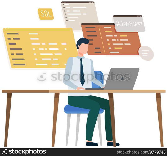 Programmer engineering and coding. Coder programmers working on web development on computer. Concept of script coding and programming in php, javascript, python, other languages. Software developers. Programmer engineering and coding. Set of programmers working on web development on computers