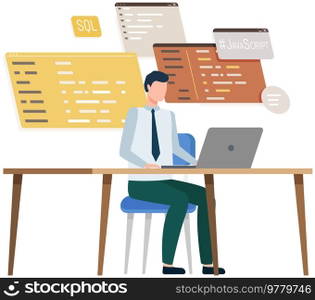 Programmer engineering and coding. Coder programmers working on web development on computer. Concept of script coding and programming in php, javascript, python, other languages. Software developers. Programmer engineering and coding. Set of programmers working on web development on computers