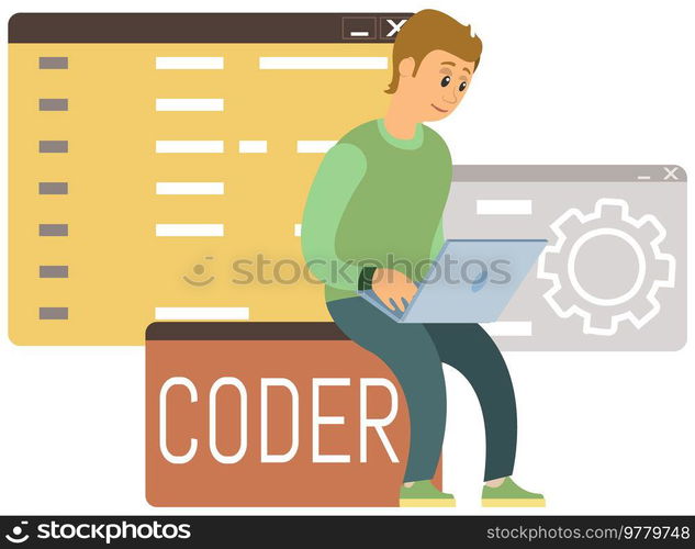 Programmer engineering and coding. Coder programmers working on web development on computer. Concept of script coding and programming in php, javascript, python, other languages. Software developers. Programmer engineering and coding. Set of programmers working on web development on computers
